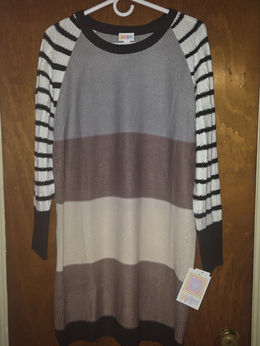 NWT LuLaRoe Lauren Sweater Dress Color Block Stripe Raglan Sleeve Size M